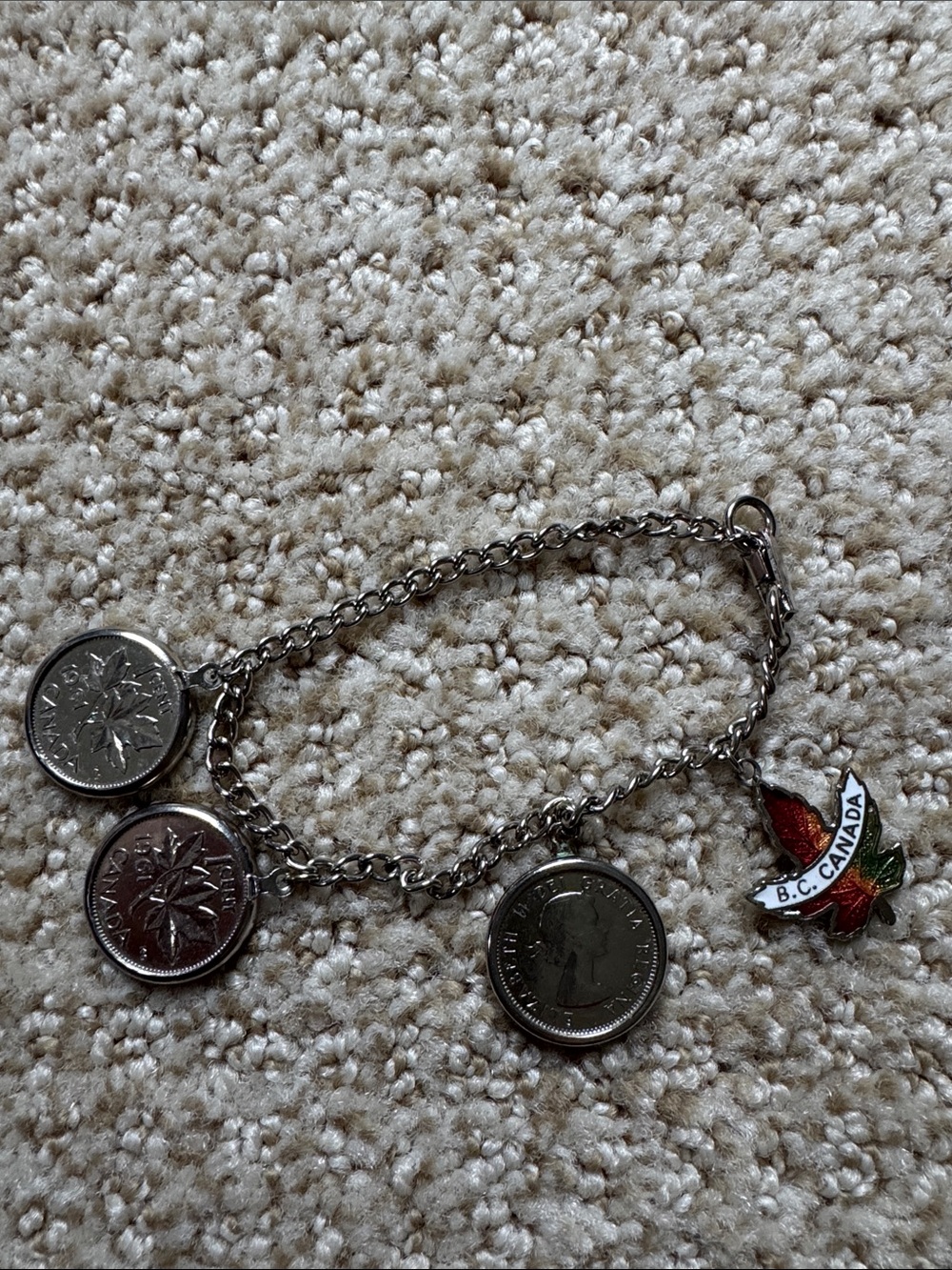 B.C. Canada Silver-Tone Charm Bracelet with Red Enamel Leaf Charm